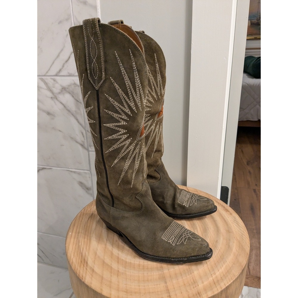 Golden Goose Suede Cowboy Boots Green Star Stitching Tall Boots Women 37 READ